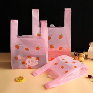 MODERNLUX 50PCS Cartoon Strawberry Shopping Bag Pink 3 Sizes Gift Bag Creative Organizer Packaing Bags Shopping Use