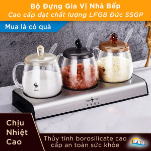 Bộ 3 Hũ Đựng Gia Vị Thủy Tinh Borosilicate SSGP Kèm Khay Lọ Đựng Muối Đường Có Nắp Màu Giúp Phân Loại Kín Hơi Chống Ẩm Xếp Chồng Cao Cấp Đạt Chất Lượng LFGB Đức