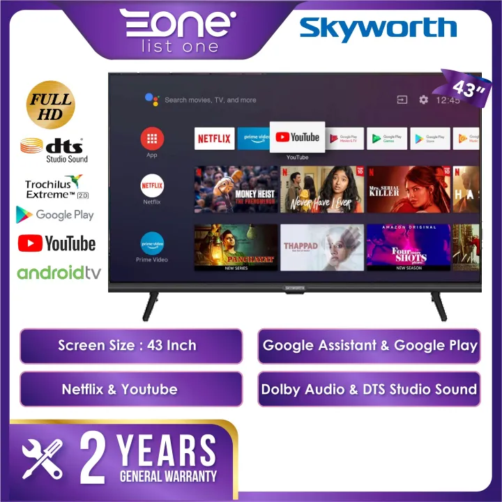 Skyworth 43 Inch 2K Android Smart TV 43STD6500 | Google Assistant & Google Play | Dolby Audio | DTS Studio Sound
