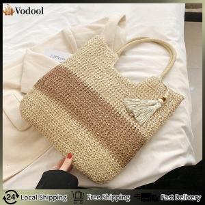 【Vodool】Summer Hand-Woven Handbags Contrast Color with Tassels Weaving Underarm Bag Large-Capacity Handmade Fashion Casual Simple for Seaside Holiday