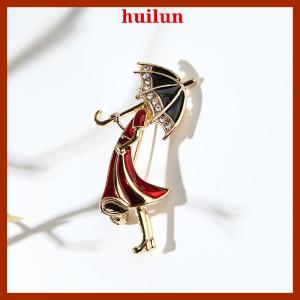 huilun Rhinestone Girl Wearing Umbrella Collar Brooch Pins Jewelry Gift