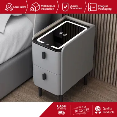 Dual drawer intelligent multifunctional fingerprint lock solid wood bedside table with wireless charger