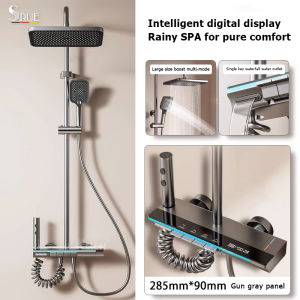 SRUE High-Quality Chrome Shower Set with Rainfall Head Digital Temp Control LED Lighting & Rotating Toilet Bidet Sprayer