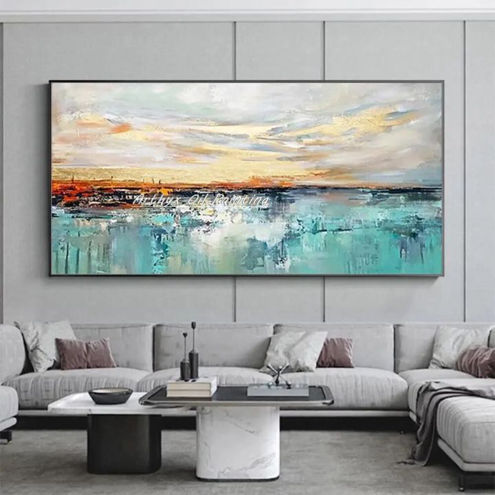 Arthyx Landscape Lake Sky Oil Painting On Canvas Abstract Gold Art Wall ...