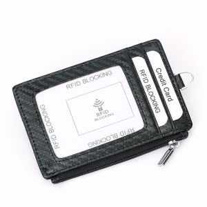 Carbon Fiber ID Card Holder Genuine Leather Id Badge Case with Lanyard Business Work Pass RFID Blocking Chest Name Tag Credit Card Zipper Pouch