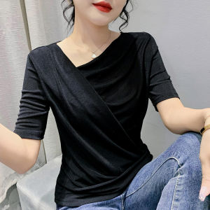 REHIN Womens top Two ways to wear design pleated short sleeve T-shirt new summer fashion trend chic S-3XL blouse