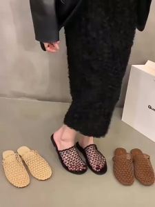[Free Shipping] Woven Mesh Toe-Slippers Womens Shoes for Outdoor Wear 2025 Summer Flat Sole Vacation Retro Roman Sandals