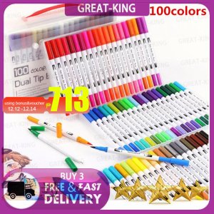 Great-King 100Colors Dual Tip Brush Pens 0.4mm Fineliner Sketch Manga Drawing Dual Head Watercolor Marker Pen For Draw Animation Coloring Books Design Art Supplies