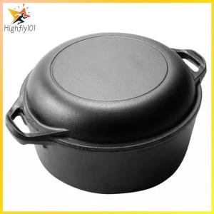【HOSPORT】 2 in 1 Iron Dutch Oven with Skillet Lid Dutch Oven Pot with Dual Handles Skillet Cookware Pan Set for Bread Frying Baking