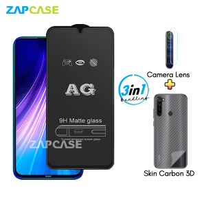 Xioami Redmi Note 8 PAKET 3in1 Tempered Glass Anti Glare Free Camera Lens dan Skin Carbon