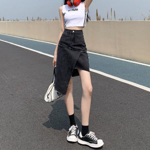 Gaun Denim Terpecah Pinggir Mentah Tidak Biasa Gaun A-baris Panjang