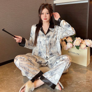 Baju tidur piyama wanita lengan panjang sutra es sleepwear wanita korea style