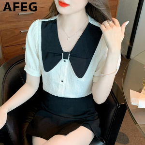 AFEG new Korean version V-neck bow fashion slim all-match chiffon short-sleeved blouse for women