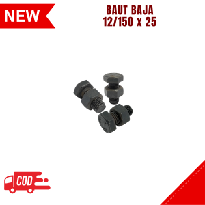 Baut Mur Baja Ukuran 12/150 x 25 mm Drat 150 Kasar Universal Baja Hitam Nut Bolt Baud Hexagonal Kepala Segi Enam