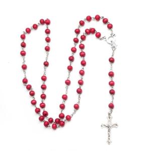 Natural Beads Crossed Pendant Necklace for Men Women Religious Red Rosary Handmade Prayer Accessories