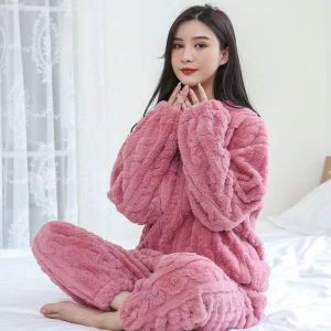 REEBO Pullover Autumn Warm Pajama Sets Coral Fleece Thicken Fluffy Sleepwear Casual Loose Fleece Pajama Sets Winter