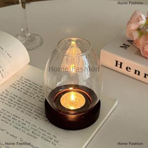[COD] Home Fashion Glass Candlesticks With Cup Cover Transparent Round Candle Holders Home Decor With Wood Base Table Decoration Ornaments Wedding
