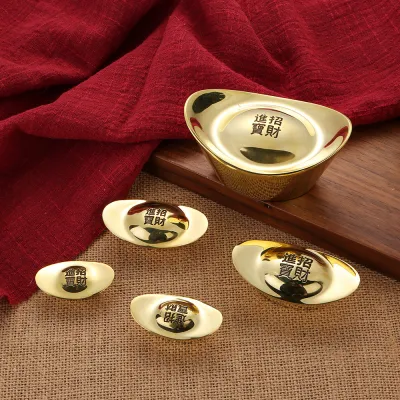 [Fortune Destiny] Feng Shui Golden Copper Yuan Bao 4cm /5cm / 7cm/ 8cm/ 9cm (Solid) 铜亮面金元宝摆件实心大元宝实心供奉用品金属工艺品 铜元宝摆件