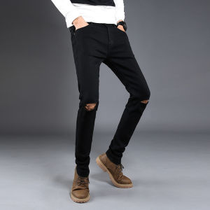 Mens Black Skinny Jeans - Distressed Ripped Denim Pants Slim Fit Stretchable Jeans for Summer and Spring/Autumn Casual Motorcycle Style