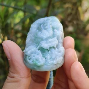 Blueish Green Natural Type A Jadeite Pendant Necklace crafted with Dragon and Fengshui Wheel with QIC approved certificate weigh 39.57 grams 58 * 29.8 * 12.6 mm suitable for daily wear (pendant61)
