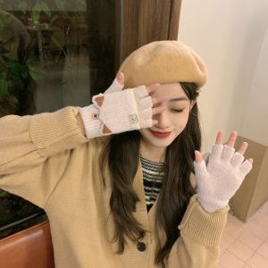 JEWELRY สำหรับนักเรียน ฤดูหนาวในฤดูหนาว กิจกรรมกลางแจ้งกลางแจ้ง การปั่นจักรยาน สีทึบทึบ กันลม ถุงมือฝาพับ ถุงมือครึ่งนิ้ว ถุงมือหนาแบบหนา ถุงมือของผู้หญิง