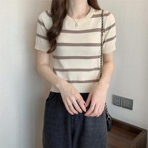 Women T-shirt Korean Style Striped Round Neck Short Sleeved Knitted Top Blouses Women short sleeved blouse trendy #F1103