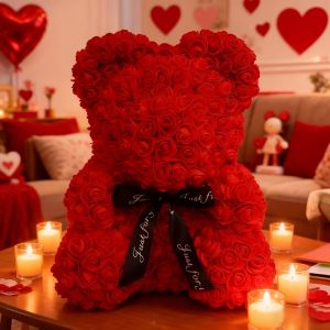 BEIBEI 25cm Rose Flower Bear Ornaments Sweet Lovers Gifts Simulated Flower Bear Cute Party Supplies Valentines Day Roses Women