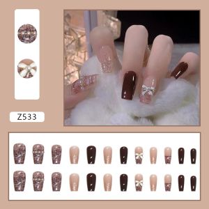 Set móng tay Mia 24 móng màu cà phê đậm phong cách thơm nhỏ viền vàng Nơ Kim Cương Z533