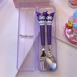 2pcs/set Fork&Spoon Stainless Steel Student EatingTableware KuromiTableware for Baby Portable