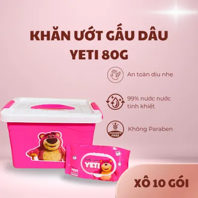 Set Thùng nhựa + 10 Gói Khăn Giấy Ướt Gấu Dâu 80G Vải bi khổ 10x16cm Xô siêu xinh siêu tiện lợi