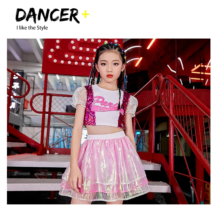 New Ballroom Hip Hop Dance Clothes Girls Pink Crop Tops Pants Fashion Kids  Jazz Kpop Performance Costume Group Dancewear size 130cm Color Tops-Pants  2pcs