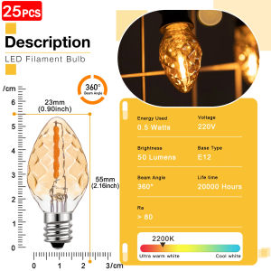 25 Packs C7 Replacement LED Light Bulbs E12 E14 Mini Candelabra Edison Bulb Energy Saving 0.5W Replaces 5W Incandescent Bulbs Retro Warm White Led bulb lights for ceiling