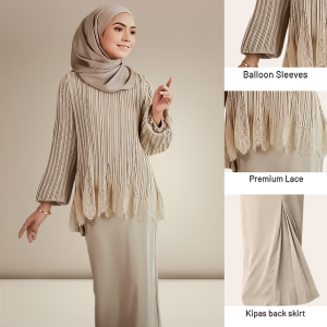 JOJOBars Lace lengan tanglung Baju Kurung Pleated kebaya Raya Baju Balloon Sleeves Ironless Kurung Baju Raya Moden Muslimah Wear Nikah/Tunang Wudhuk Friendly