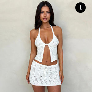 FASHLOVER Hanging Neck Knitted Smock Bikini Short Skirt Women Solid Color Set