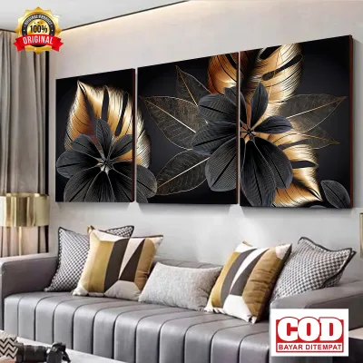 Wall Decor 3 Panel Motif Bunga Elegan Hitam Emas – Hiasan Dinding Estetik untuk Ruang Tamu