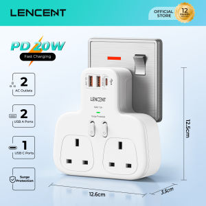 LENCENT Surge Protector 2 Way Plug Adapter With 3 USB Slots Multi Plug Extension Double Plug Adaptor with PD 20W USB-C & 2 USB-A QC 3.0 UK Plug Extender Socket for Home Kitchen Office 13A 3250W