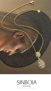 Sinboia 18K Saudi Gold Pawnable Necklace For Women Geometric Cutout Lace Pendant Drop