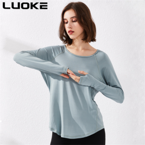 Luoke Elastic Quick Drying Loose Fitness Sports Top Womens Running Slim Mesh Breathable Yoga Long Sleeve T-shirt