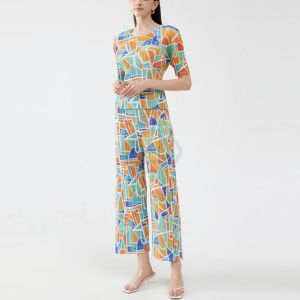 ✈ Aiden001 Average sizeSummer Pleated Suit Round Neck Short-Sleeved Loose Printed And Dyed Casual Trousers Temperament Square Two-Piece Female 6112