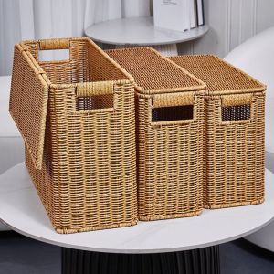 NOBLELUX Dust-Proof Woven Storage Basket Multi-Functional Rectangular Rattan Storage Bins Narrow Design Magazine Organizer Household