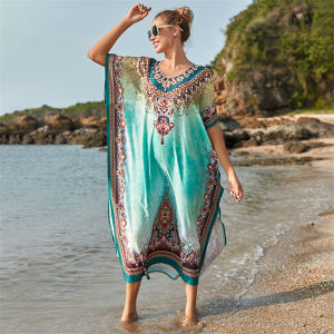 Cỡ lỡn Bikini Cover-up Phụ nữ mùa hè nhanh chóng vải phơi sấy boho in chia beachwear Kaftans