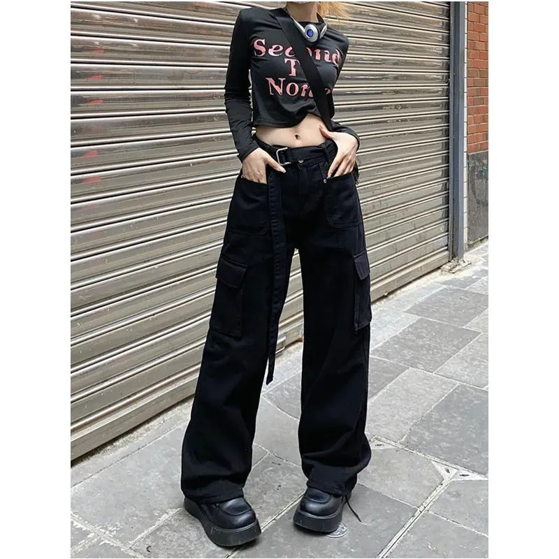 S-3XL Women Cargo Pants Baggy Wide Leg Pockets with Belt Spring Autumn  Fashion Casual Straight Loose Jogger Pants Plus Size Gothic Punk Streetwear  Black Green Coffee