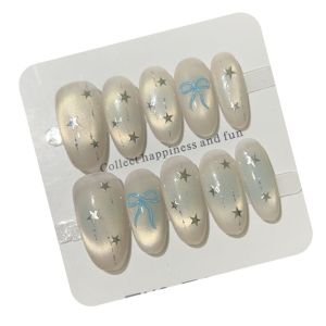 เล็บปลอม งานเจลแท้100% สีแฟรชตกแต่งดาวสีเงิน ✔︎ไม่ลอก ✔︎ สวยเหมือนทำร้าน