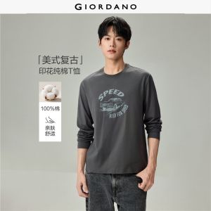 Giordano Beau Monde Men Retro vehicle print long sleeve cotton tee Free Shipping 13096792
