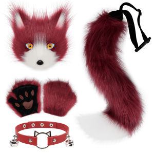 Halloween Fox Half-Face Mask Half-Finger Gloves Plush Fox Tail Collar Set cos Props and accessories