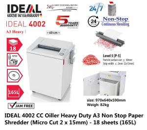 IDEAL 4002 CC 2 x 15mm Oiller Heavy Duty A3 Non Stop Paper Shredder (Micro Cut ) - 18 sheets 165L Non Stop Mesin Penghancur Kertas Heavy Duty Shredder Mesin Perincih