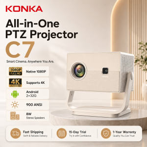 KONKA C7 All-in-One Gimbal Projector Native 1080P Support 4K Decoding 900ANSI Auto Focus Keystone Correction WiFi6 Bluetooth5.2 Home Theater Portable Smart Projector with 8W Stereo Speaker