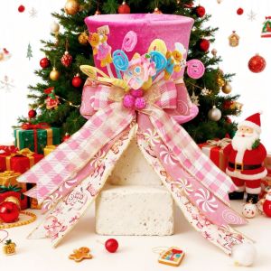 MAYIT Collapsible Christmas Tree Topper Hat Bowknot Decoration Gingerbread Man Pattern Xmas Tree Top Decor  Soft Fabric Christmas Tree Top Hat Christmas Tree Top Layout