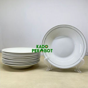 Piring Makan Keramik Putih - Piring Keramik Putih Lis 9inch - Piring 12Pcs Piring Makan Keramik Putih 2 List Emas - Piring Makan Keramik List 2 - Piring Keramik Hajatan - Piring Makan Porselen Putih