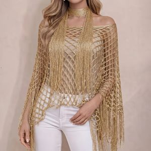 MIRELAE 2pcs Hollowed Out Shawl and Scarf Set Tassel Shawl Shiny Beach Cover Up Casual Sun Protection Fringed Cape Seaside Vacation